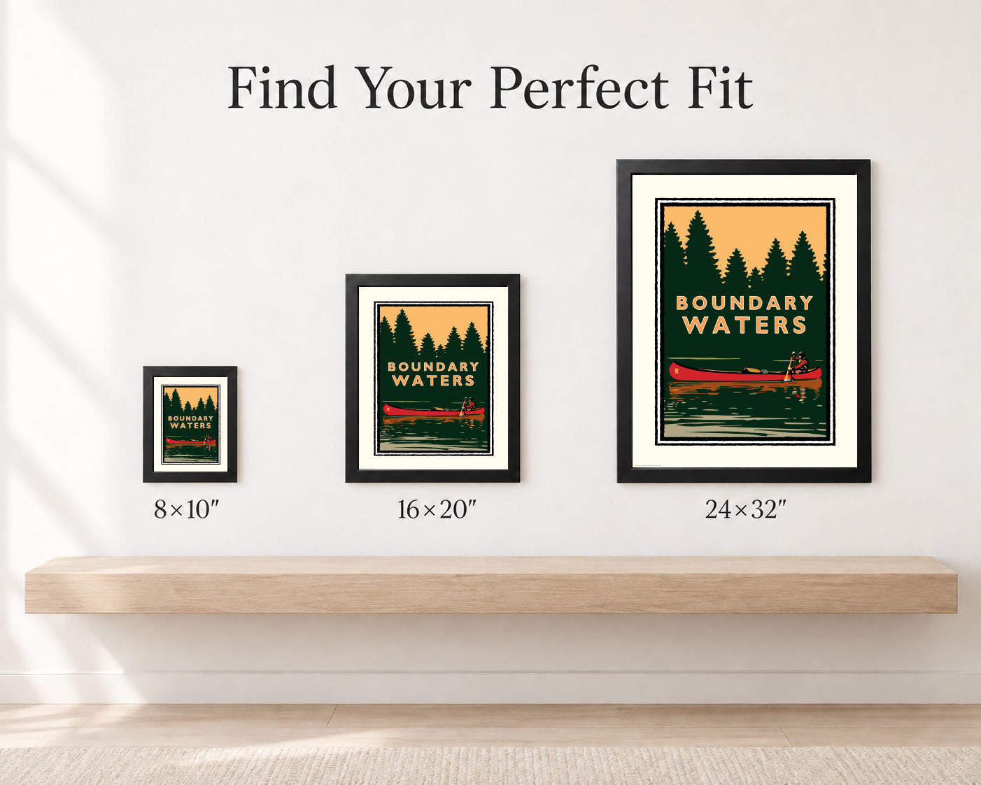 Boundary Waters Canoe art print size comparison in 8x10, 16x20, and 24x32 inches