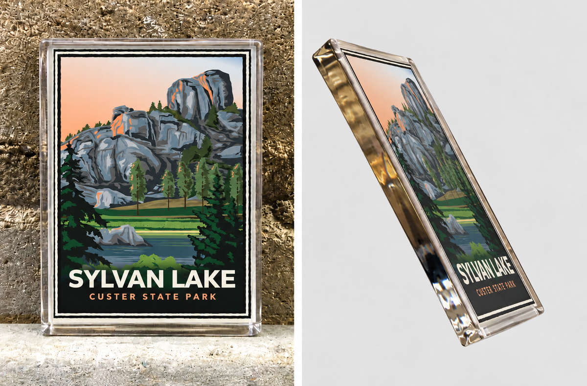 Sylvan Lake acrylic magnet, front and depth views