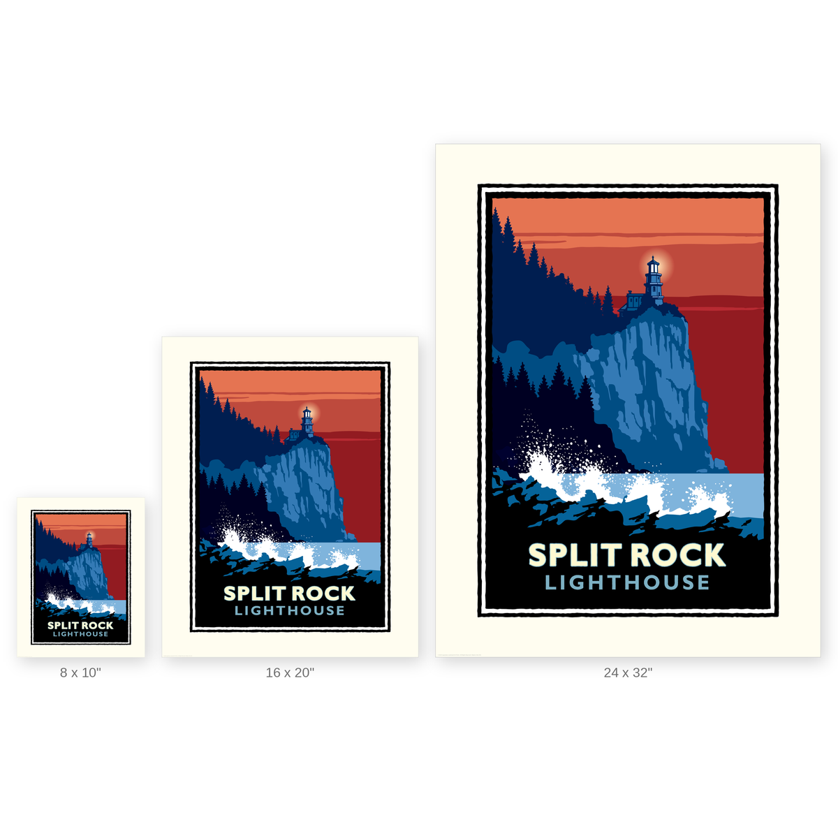The image is a poster or artwork depicting a lighthouse, with a mountain landscape in the background. The poster is in three different sizes, ranging from 8 x 10" to 24 x 32" in width.