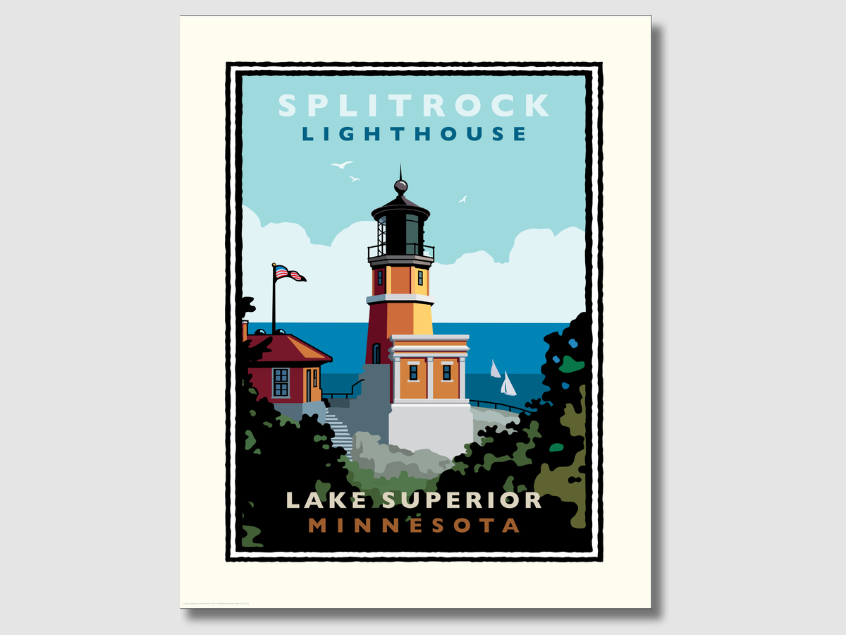 The image is a poster depicting the Splitrock Lighthouse in Lake Superior, Minnesota.
