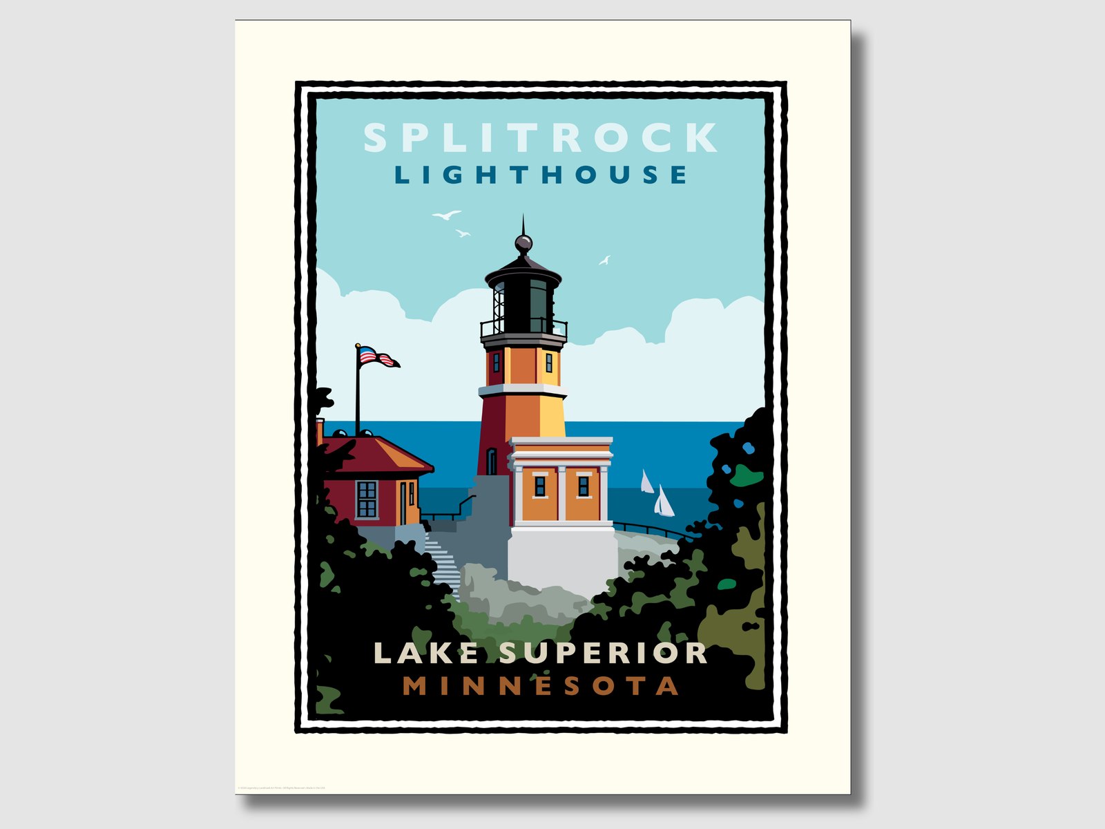 The image is a poster depicting the Splitrock Lighthouse in Lake Superior, Minnesota.