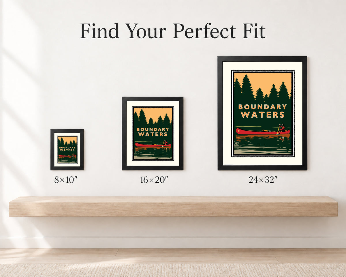 Boundary Waters Canoe art print size comparison in 8x10, 16x20, and 24x32 inches