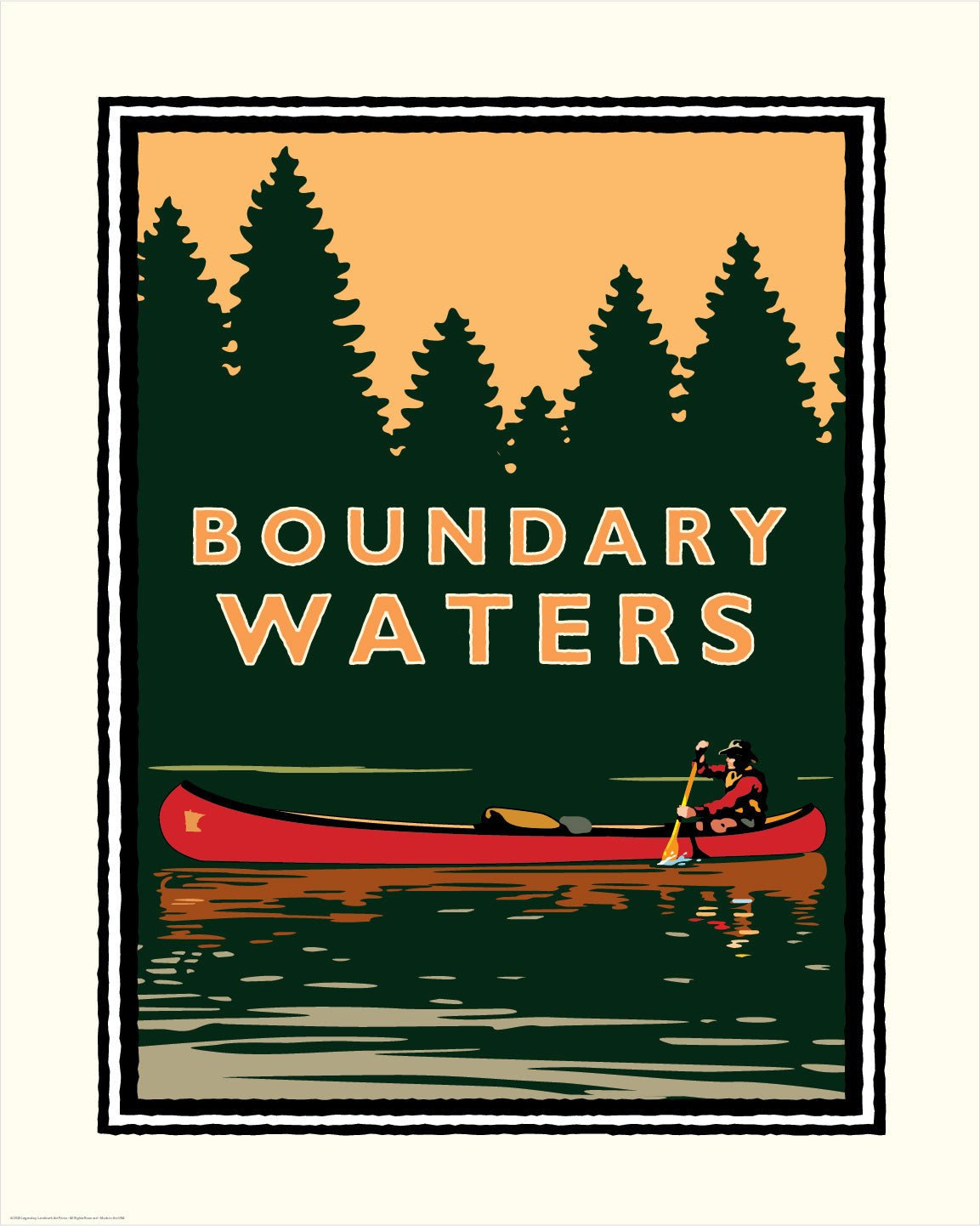 Boundary Waters Minnesota art print featuring two paddlers in a red canoe on a forest lake
