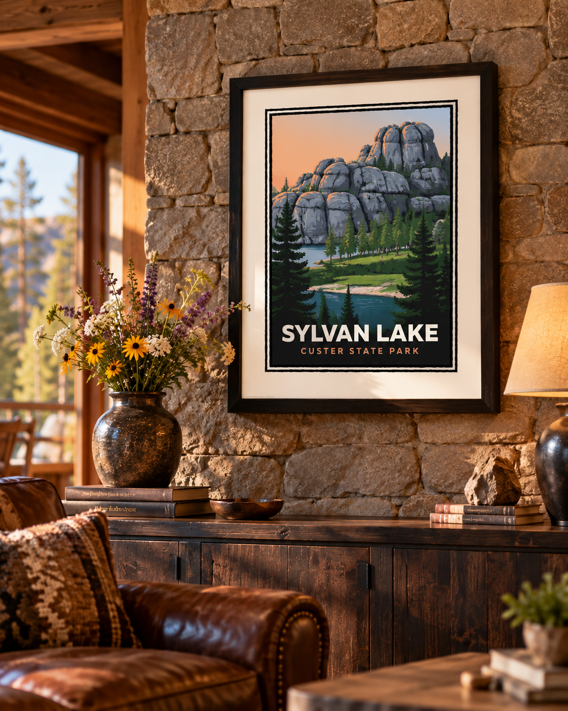 Lodge setting: Black-framed Sylvan Lake art print displayed on a rustic stone wall above a wood cabinet beside wildflowers and a table lamp.