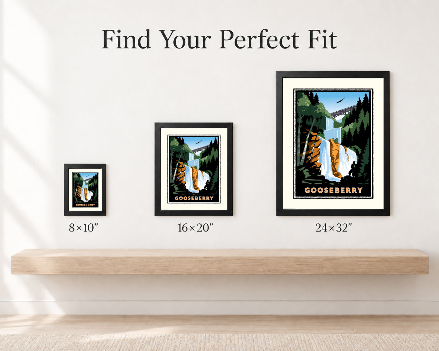 Three framed Gooseberry wall art prints in different sizes displayed on a light wood shelf against a white wall, with the text 'Find Your Perfect Fit' above and size labels '8×10"', '16×20"', and '24×32"' below.