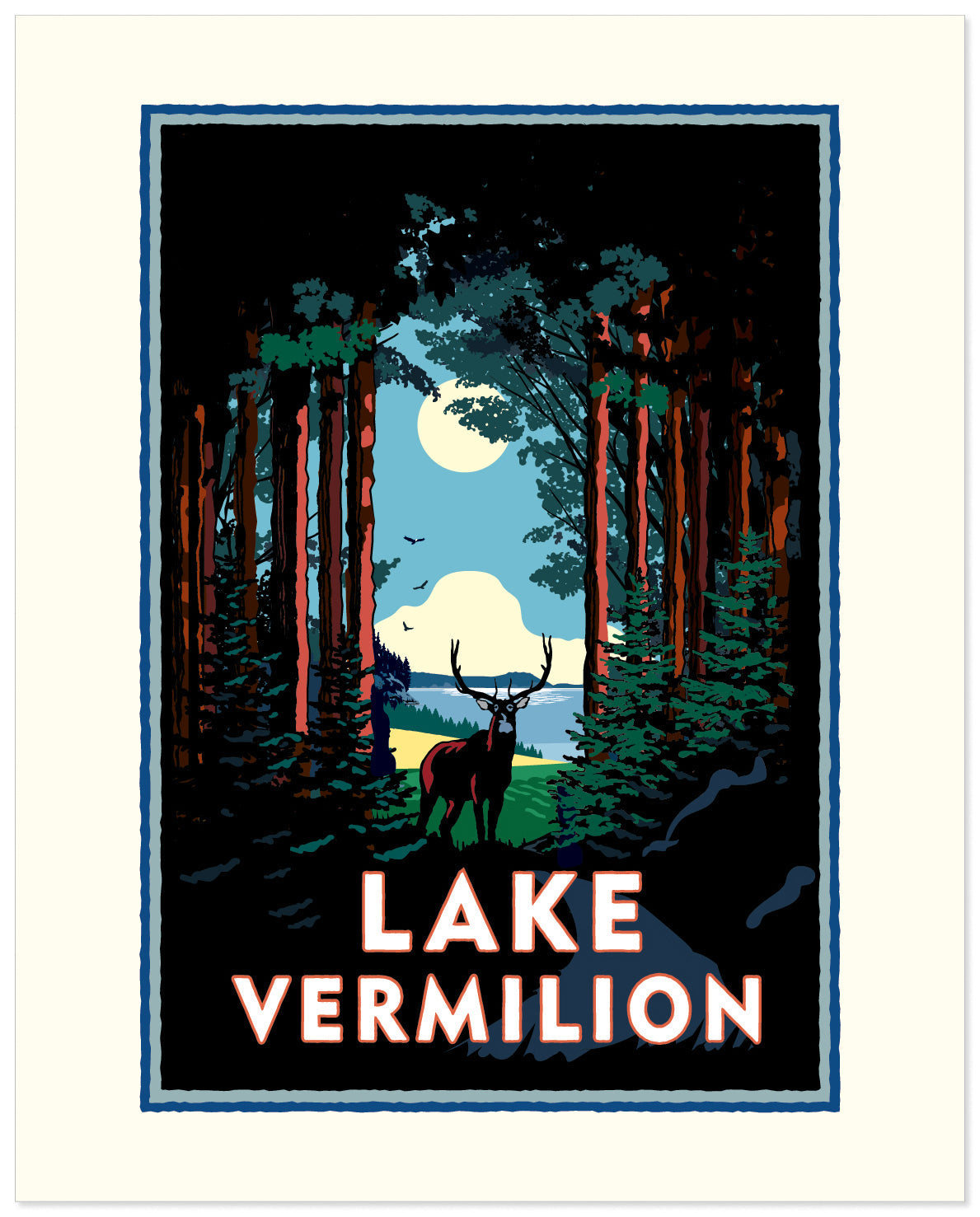WPA-style illustration of a stag in the woods with a lake and blue sky in the background