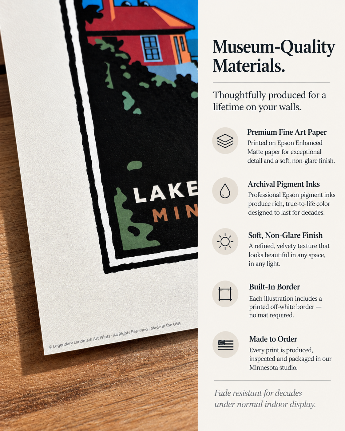 Fine art print materials guide showing archival pigment inks, matte paper, built-in border, and Minnesota production