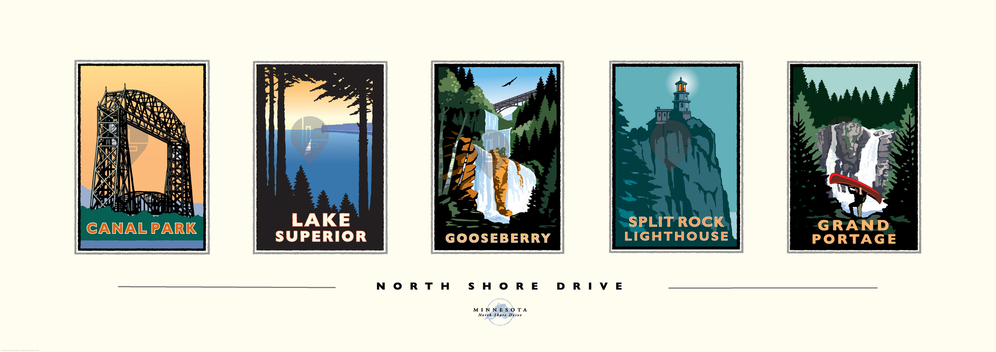 Off white horizontal collection of 5 landmarks on the north shore on one print Canal Park, lake superior, gooseberry falls, split rock lighthouse, grand portage
