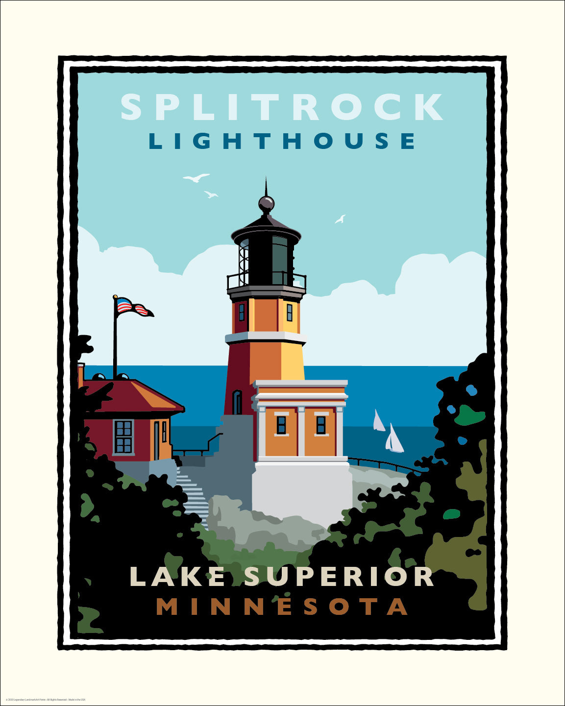 Illustration of Splitrock Lighthouse on Lake Superior, Minnesota with a blue sky and greenery.