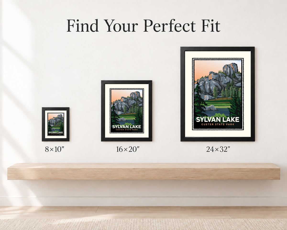 Size comparison: Sylvan Lake art print size comparison showing black-framed 8×10, 16×20, and 24×32-inch prints side by side.