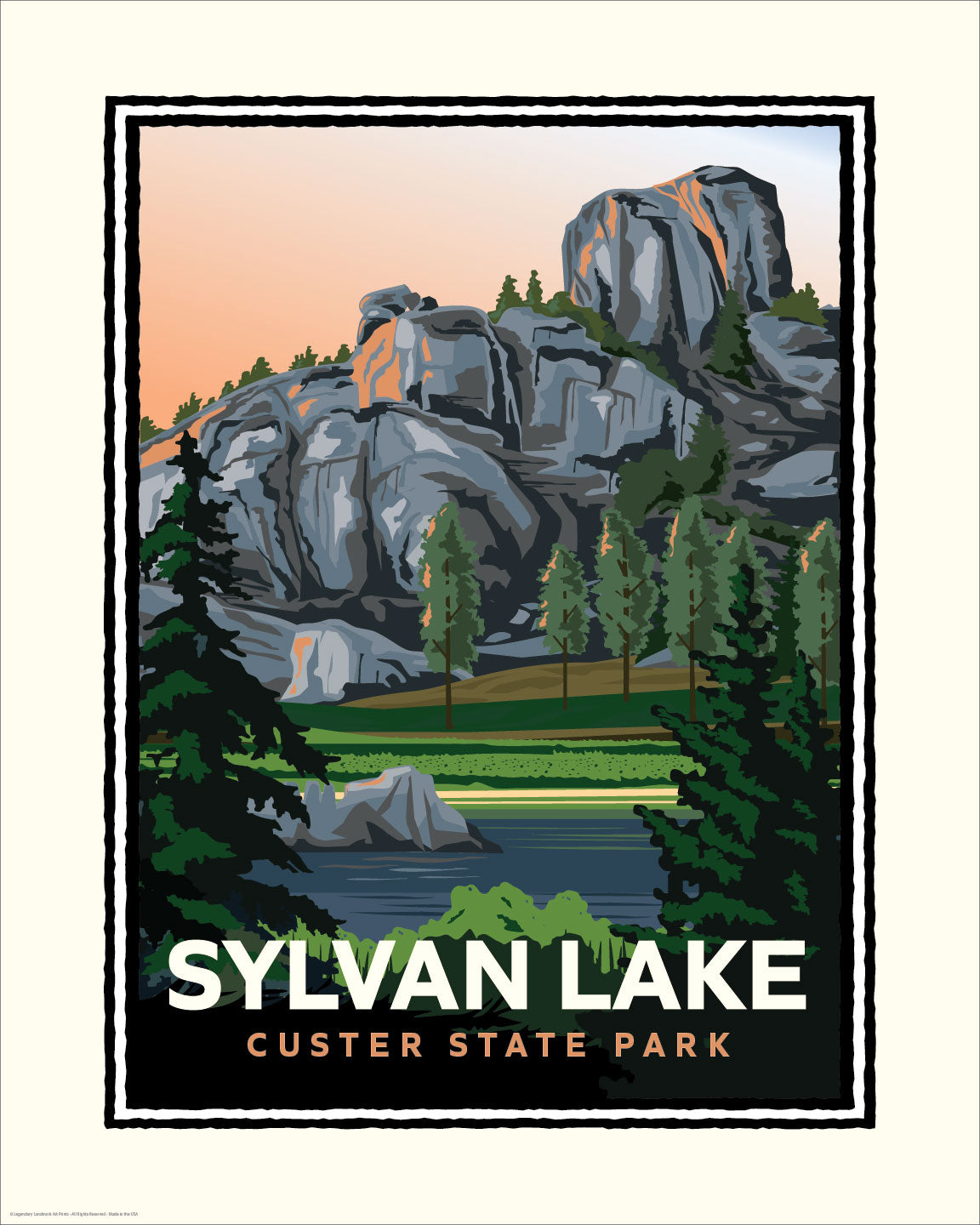 Main artwork: Sylvan Lake art print depicting granite cliffs, evergreen trees, and blue water beneath a peach sky in Custer State Park, South Dakota.