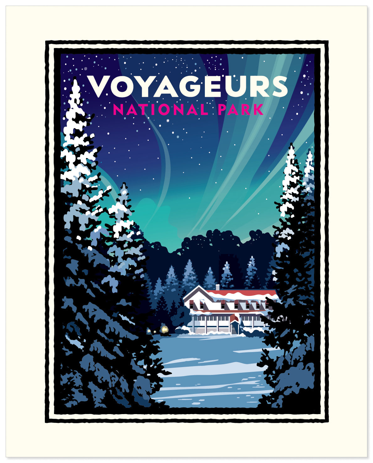 Voyageurs Kettle Falls Winter Aurora Borealis — National Parks Art Print