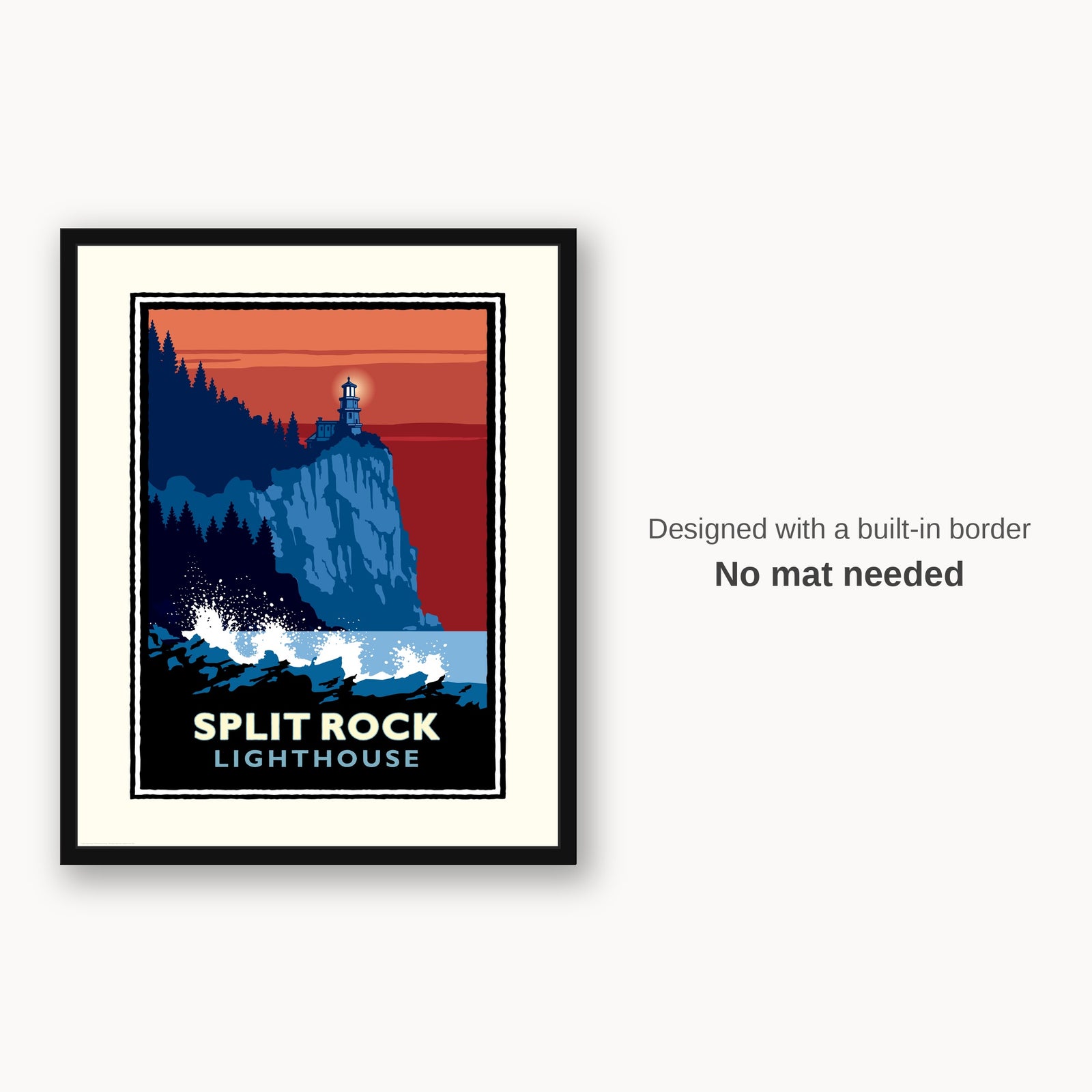 The image is a framed poster depicting a lighthouse on a cliff with a sunset in the background.
