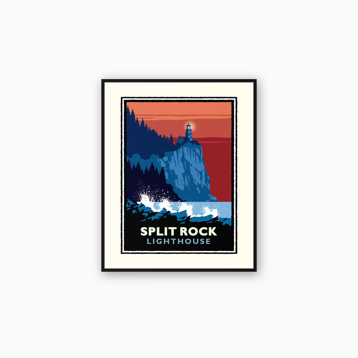The image is a framed poster depicting a lighthouse on a cliff, with a sunset in the background.