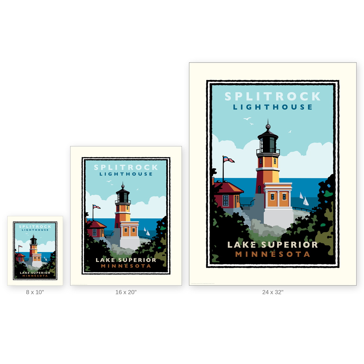 The image is a poster or artwork depicting the Splitrock Lighthouse in Minnesota, with a smaller version of the same lighthouse and surrounding landscape.
