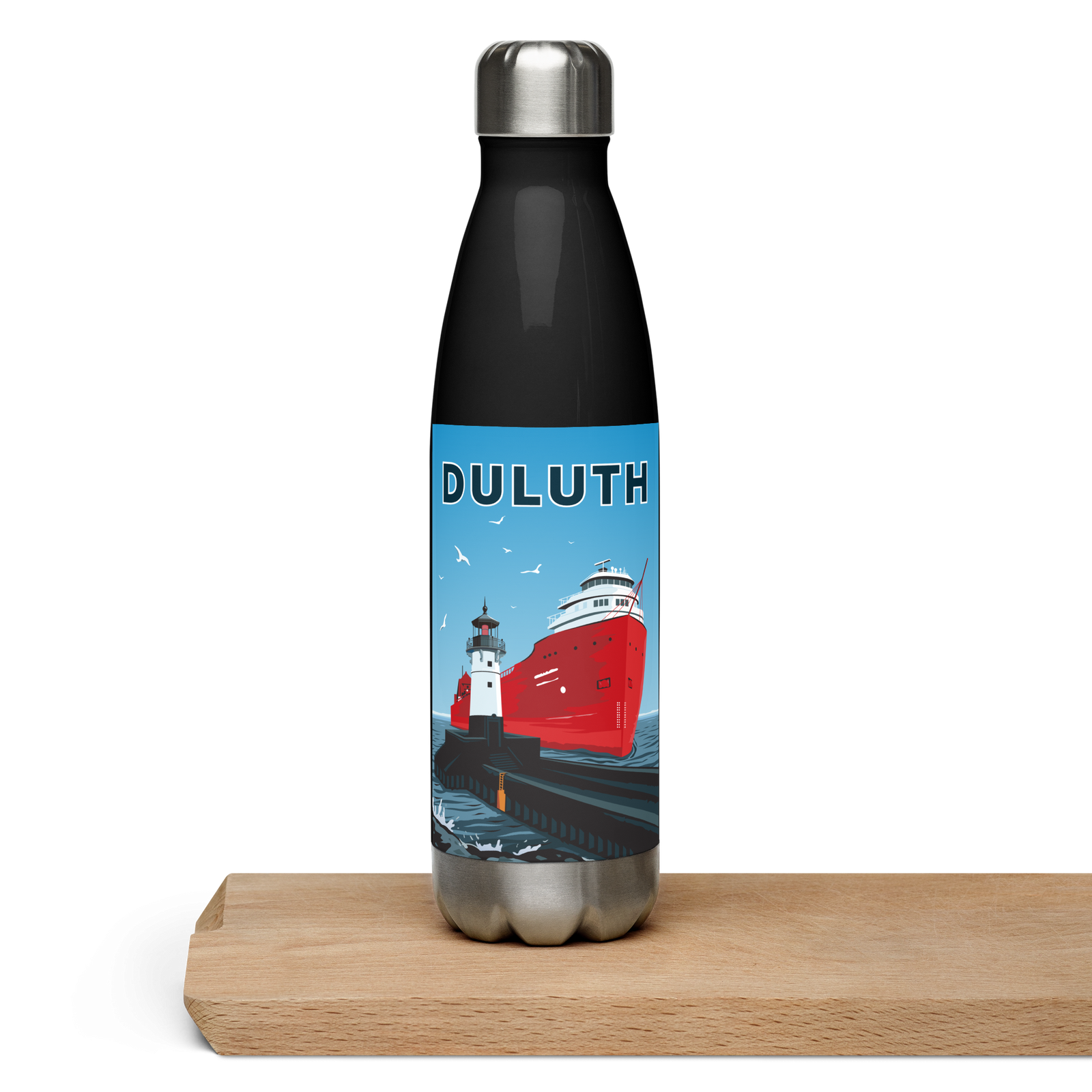 Landmark MN | Duluth Big Ship Print on White Stainless Steel Water Bottle