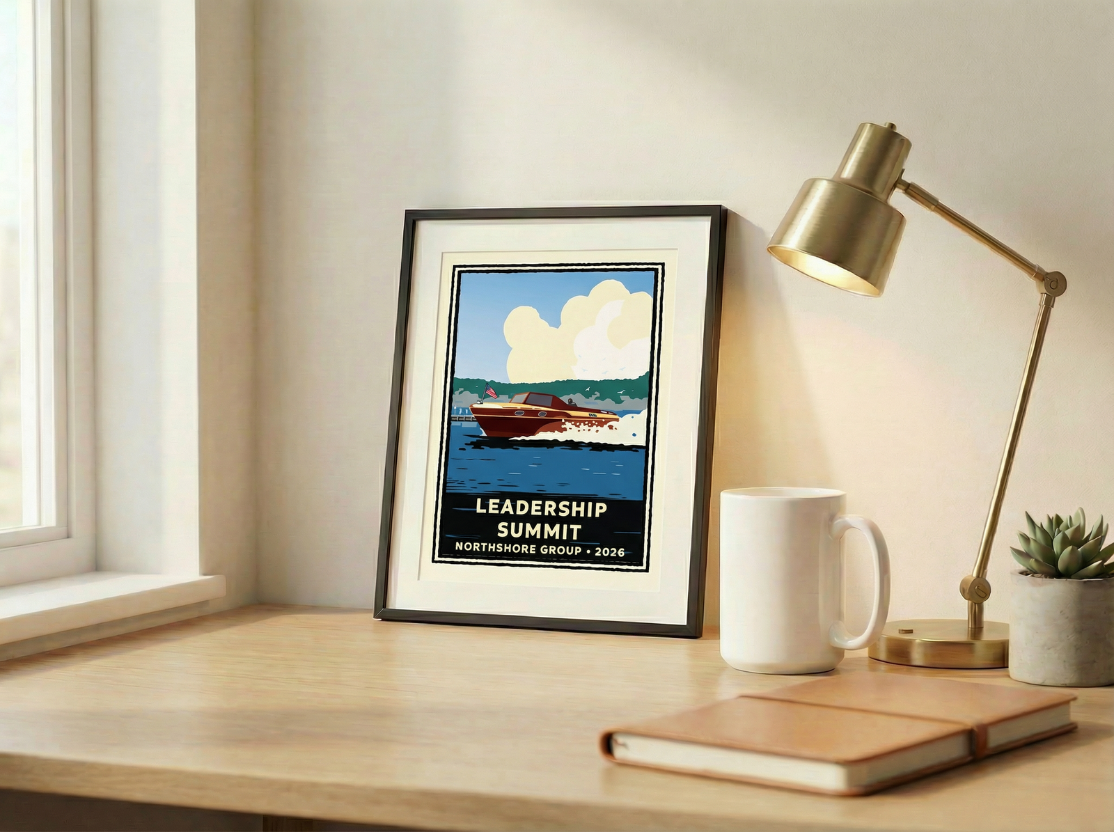 Classic Wooden Speedboat Corporate Event Print — Customizable (50+ Bulk Orders)