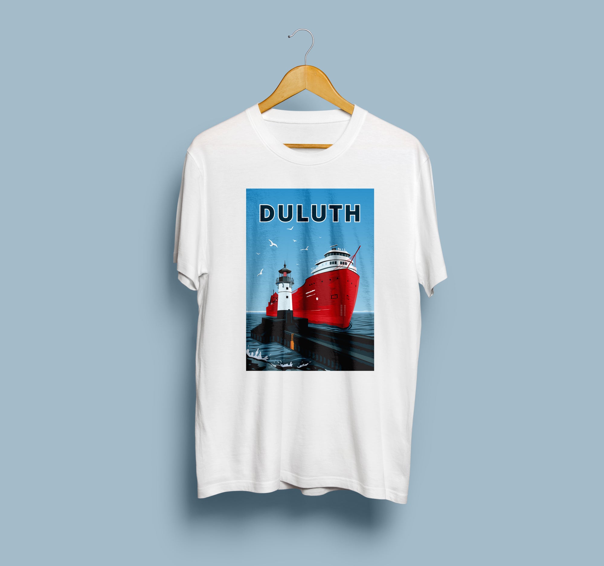 Landmark MN | Duluth Big Ship Print on White Unisex T-Shirt