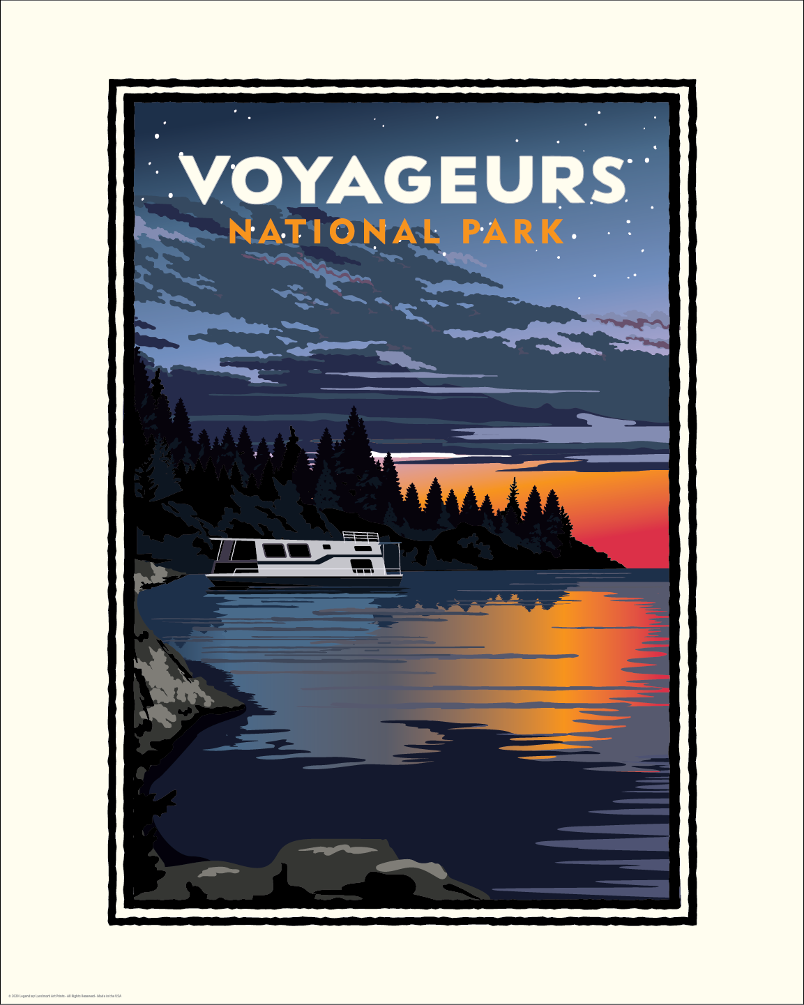 Voyageurs Rainy Lake Houseboat at Night — National Parks Art Print